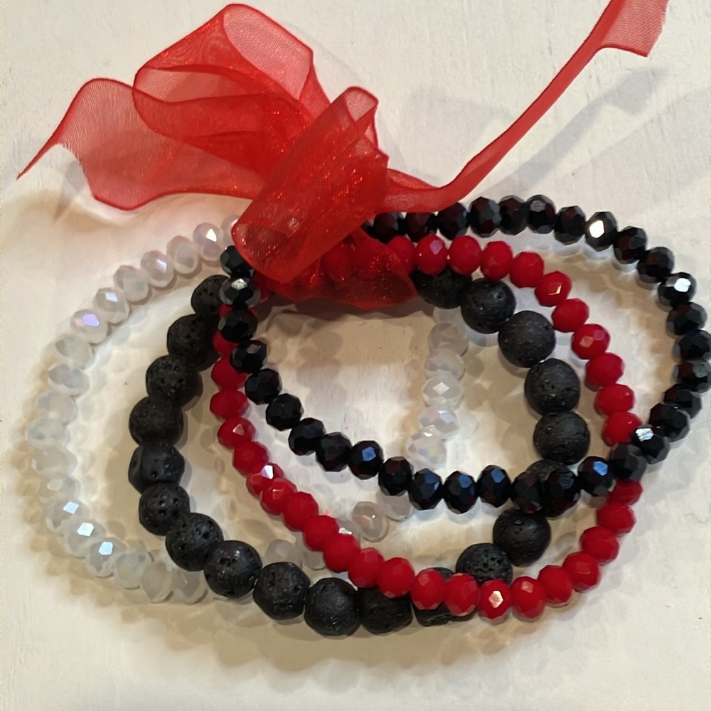 Volcanic Rock Natural Stone & Faux Crystal Bracelet Set